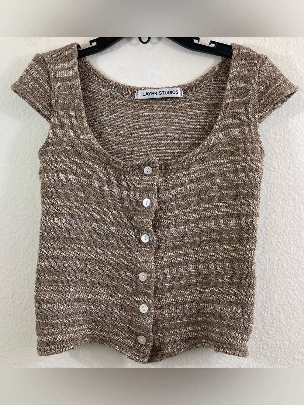 Layer Studios Marled Mocha Cropped Sweater Size Juniors XS Cap Sleeve Knit